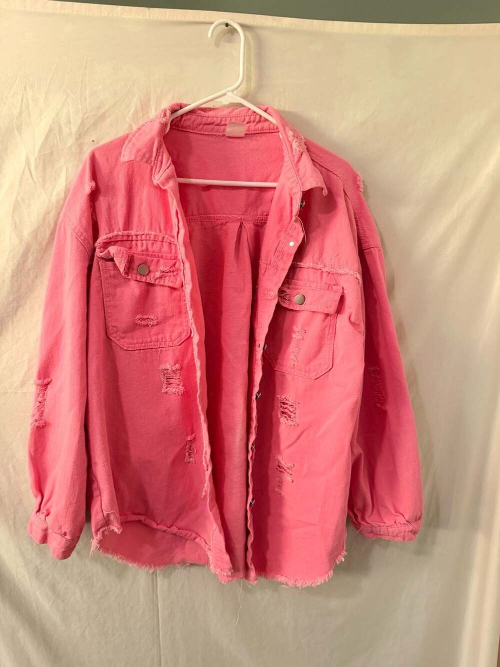 Pink Distressed Denim Jacket Size L